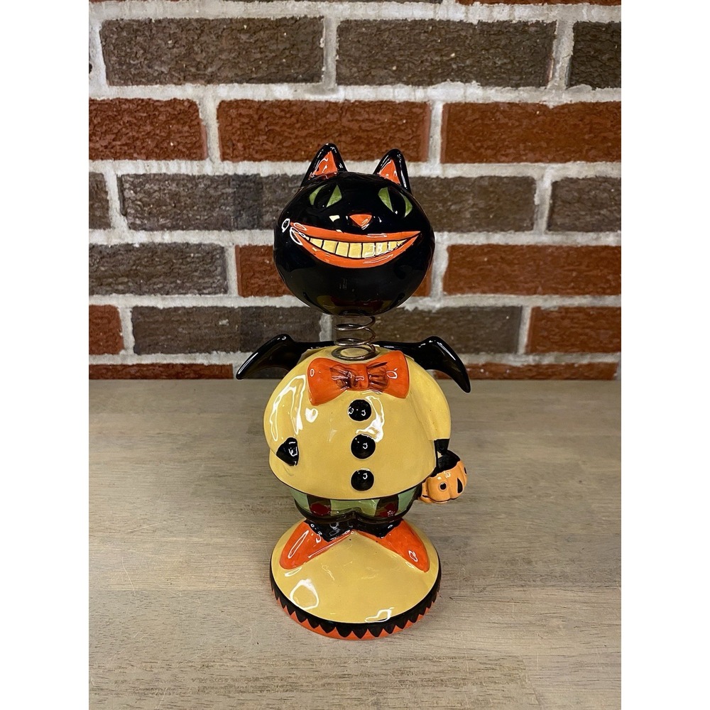 Vintage Style Spooky Hollow Halloween Black Cat Bat Wings Bobble Head Nodder 10"